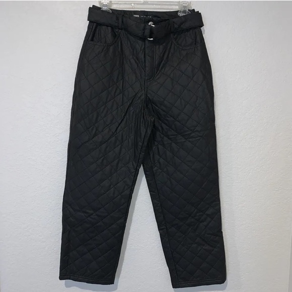 NWT Zara Faux Leather Quilted Belted Cropped Pants Size Medium - Picture 3 of 11